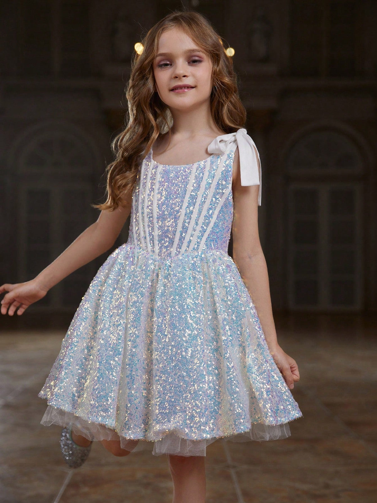 Tween Girl Shiny Sleeveless Party Dress - Fit & Flare, High Waist, Midi Length