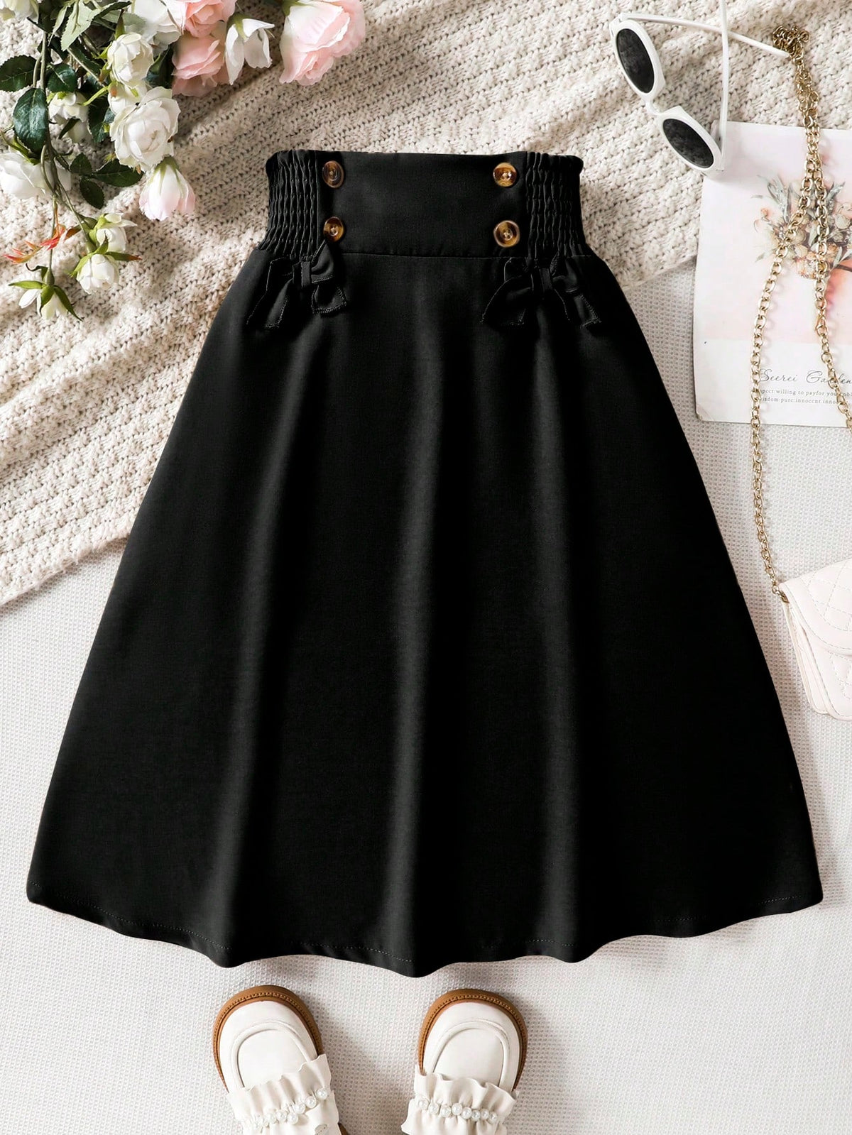 Casual Tween Girl Flare Skirt - Paperbag Waist, Plain, Midi Length, Loose Fit, 100% Polyester