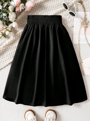 Casual Tween Girl Flare Skirt - Paperbag Waist, Plain, Midi Length, Loose Fit, 100% Polyester