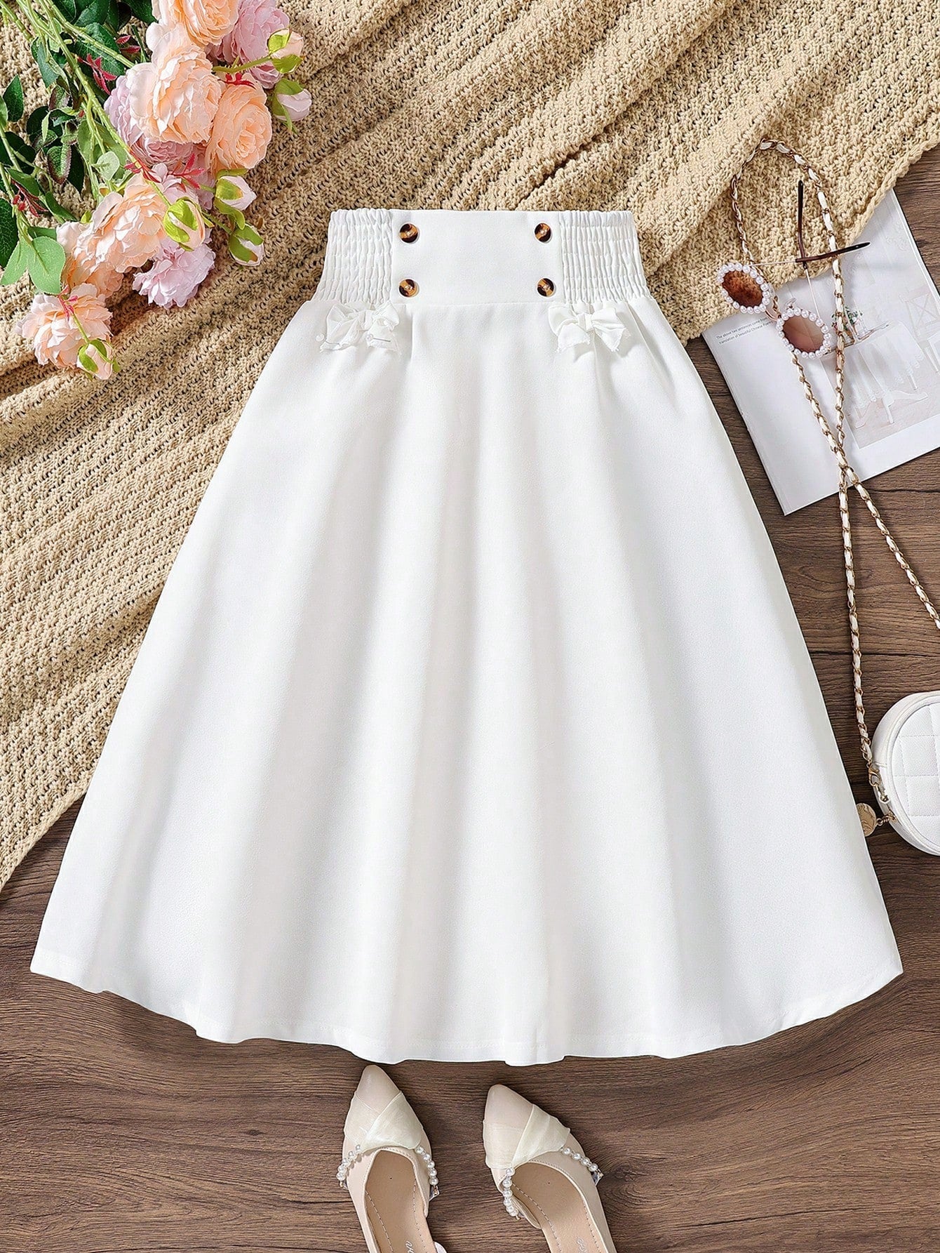 Casual Tween Girl Flare Skirt - Paperbag Waist, Plain, Midi Length, Loose Fit, 100% Polyester