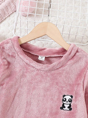 Cute Tween Girl Panda Embroidery Flannel PJ Set - 2 Piece, Cartoon Pattern, Round Neck