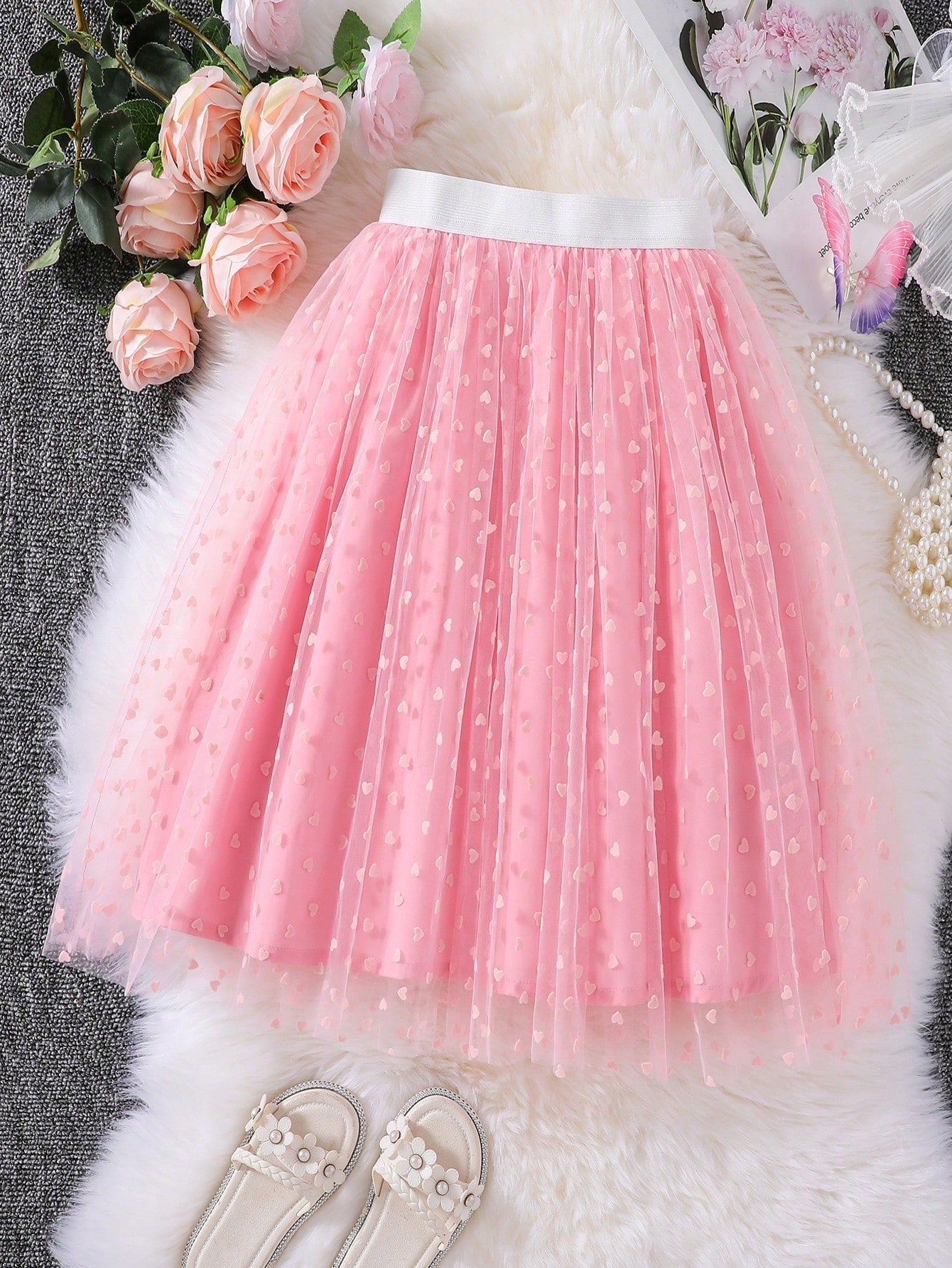 Cute Tween Girl Polka Dot Mesh Flare Skirt - Midi Length, Natural Waist, 100% Polyester