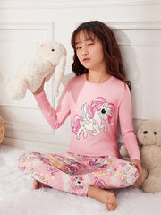 Tween Girl Unicorn Print PJ Set - Casual, Cartoon, Round Neck, 2 Piece, Spring/Fall