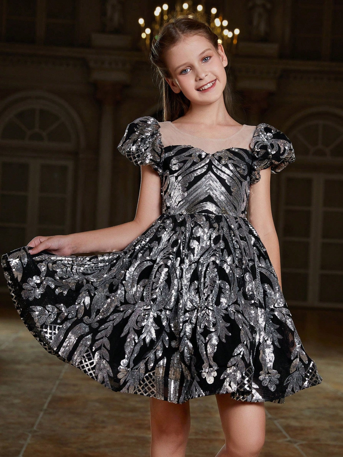 Tween Girl Floral Glitter Party Dress - Short Sleeve, Fit & Flare, High Waist, Midi Length