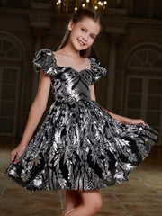 Tween Girl Floral Glitter Party Dress - Short Sleeve, Fit & Flare, High Waist, Midi Length