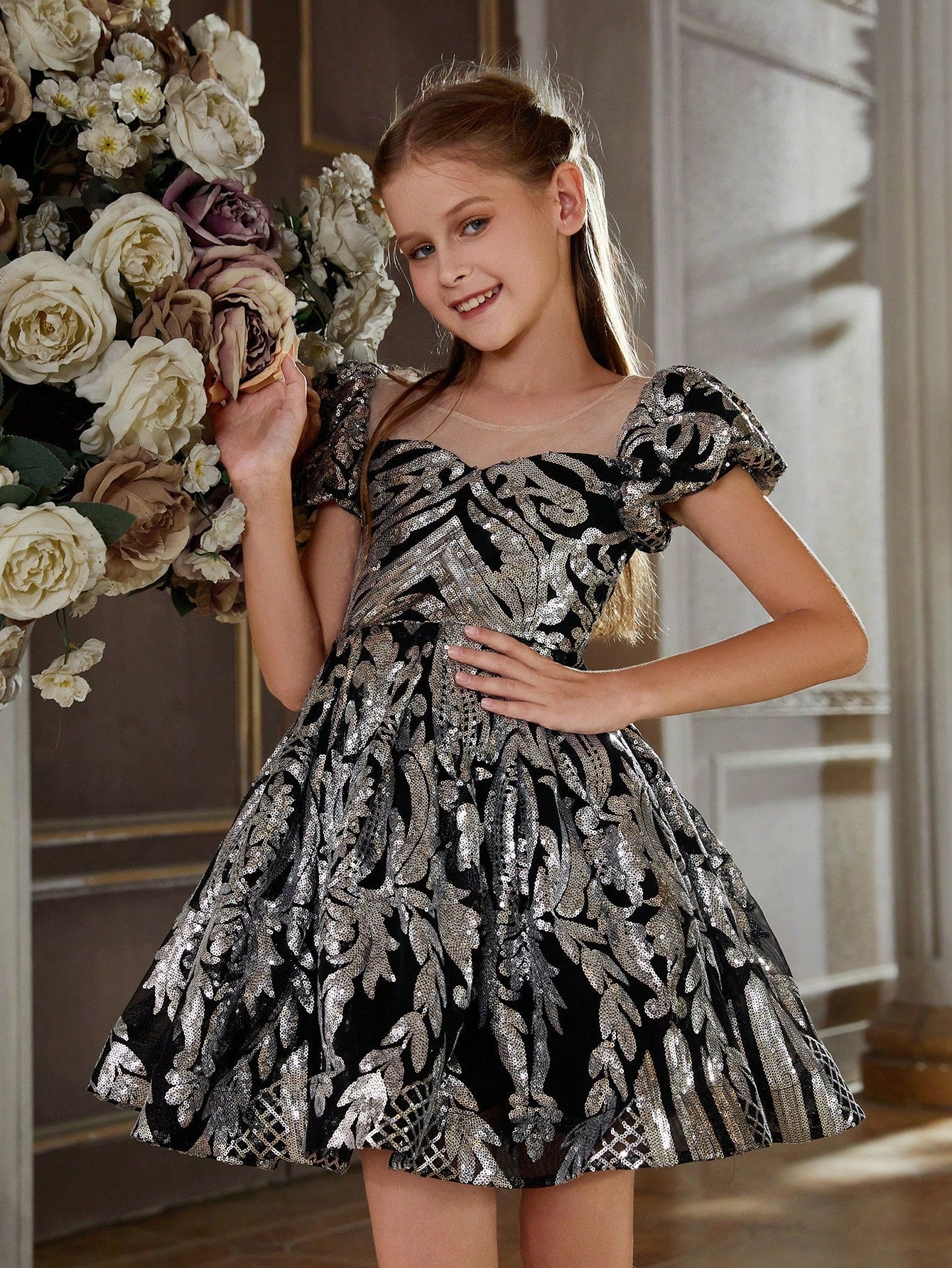 Tween Girl Floral Glitter Party Dress - Short Sleeve, Fit & Flare, High Waist, Midi Length