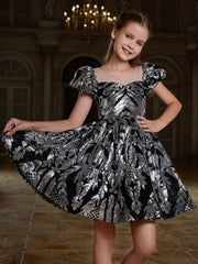 Tween Girl Floral Glitter Party Dress - Short Sleeve, Fit & Flare, High Waist, Midi Length