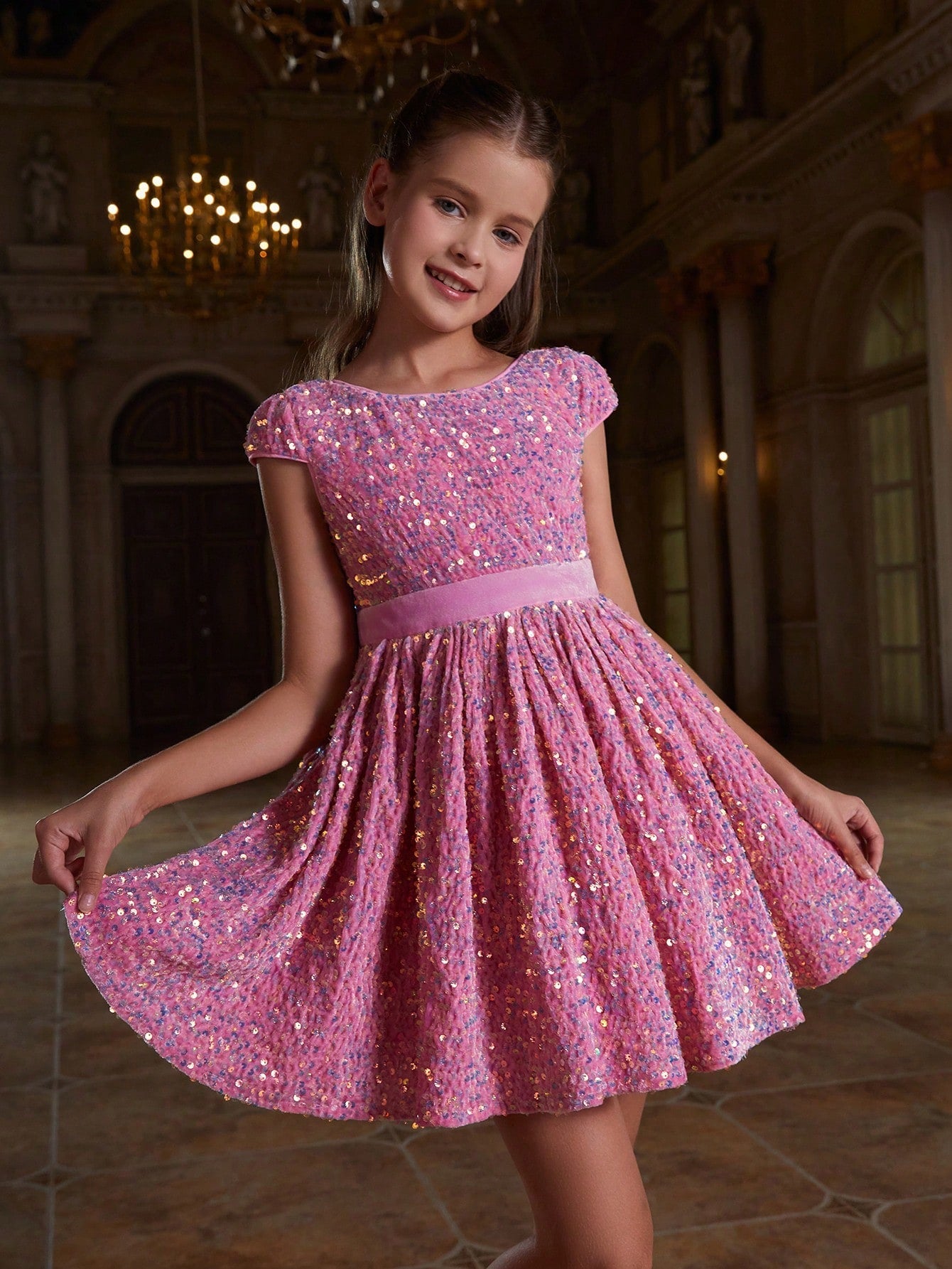 Tween Girl Sparkly Party Dress with Bowknot - Round Neck, Cap Sleeve, Fit & Flare