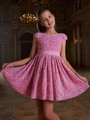 Tween Girl Sparkly Party Dress with Bowknot - Round Neck, Cap Sleeve, Fit & Flare