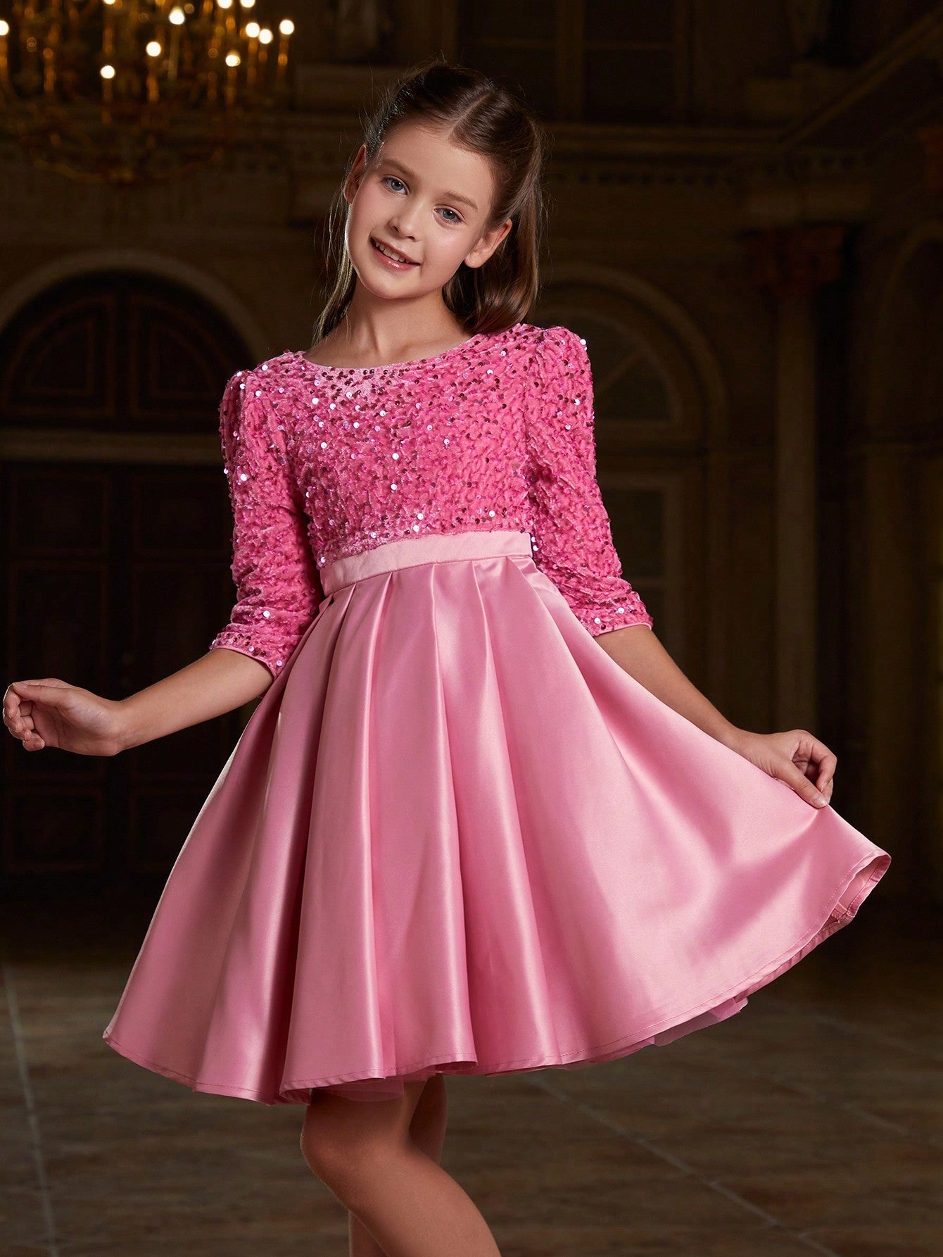 Tween Girls' Party Dress - Sequined Bodice, Pleated Detail, Satin Hem, Puff Sleeves