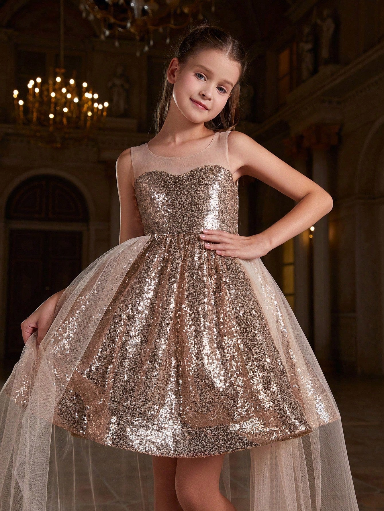 Tween Girl Sleeveless Sequined Party Dress - Fit and Flare, High Waist, Midi Length