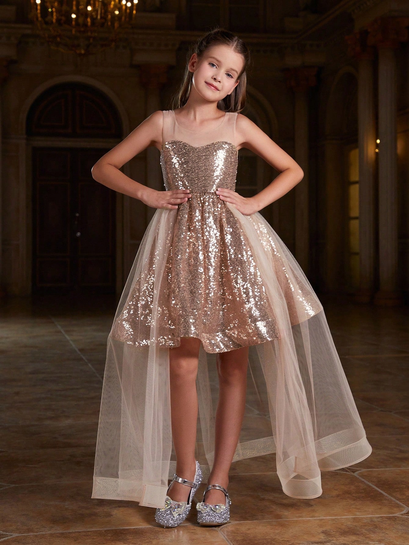 Tween Girl Sleeveless Sequined Party Dress - Fit and Flare, High Waist, Midi Length