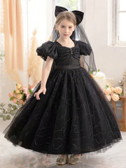 Tween Girl Sequin Puff Sleeve Mesh Gown Dress - Fit & Flare, Square Neck, High Waist