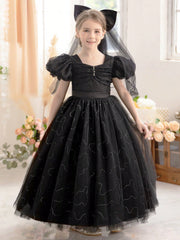 Tween Girl Sequin Puff Sleeve Mesh Gown Dress - Fit & Flare, Square Neck, High Waist