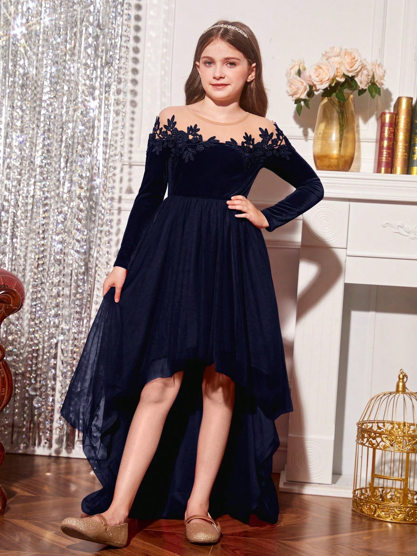 Tween Girl Off Shoulder Velvet Party Dress - High Low Hem, A-Line, Cold Shoulder