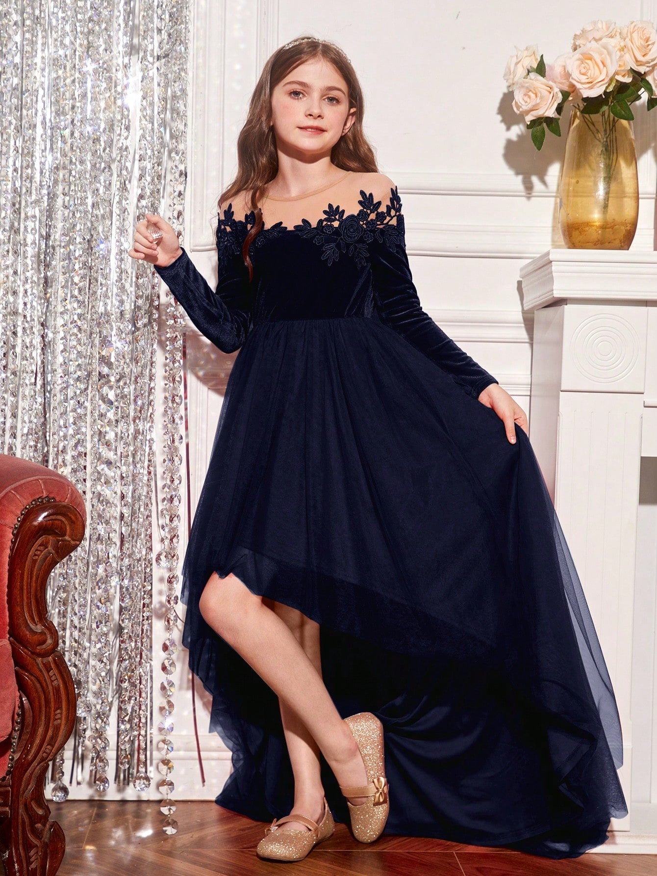 Tween Girl Off Shoulder Velvet Party Dress - High Low Hem, A-Line, Cold Shoulder