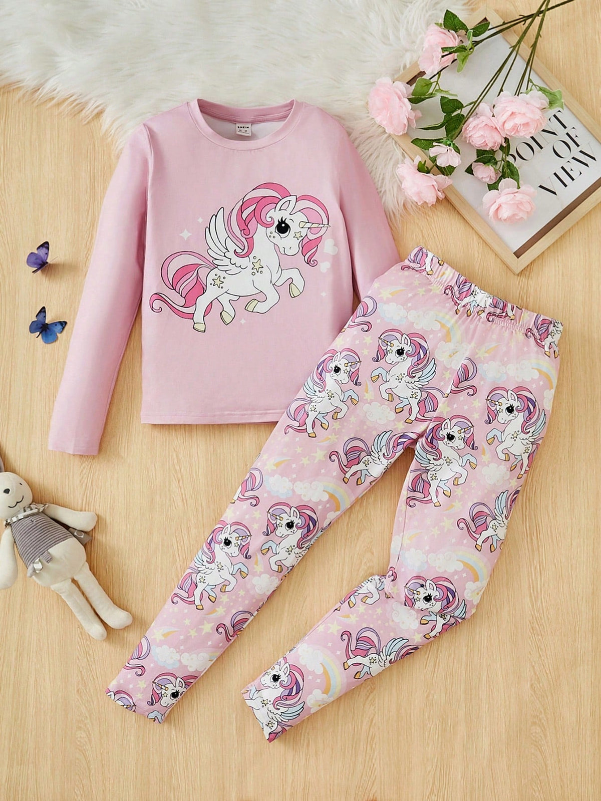 Tween Girl Unicorn Print PJ Set - Casual, Cartoon, Round Neck, 2 Piece, Spring/Fall