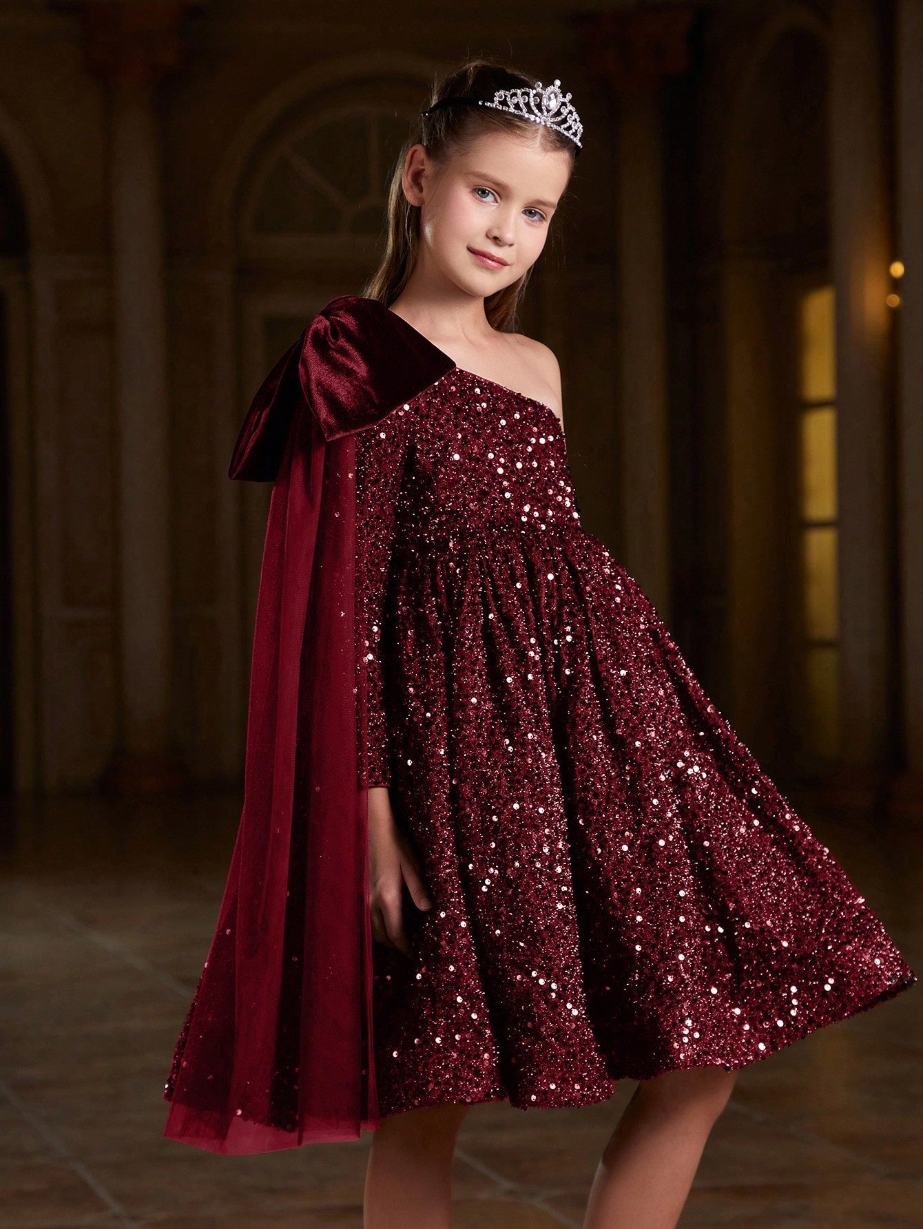 Tween Girl Sequin One Shoulder Party Dress with Bowknot - Fit and Flare, High Waist, Midi Length