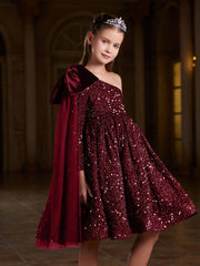 Tween Girl Sequin One Shoulder Party Dress with Bowknot - Fit and Flare, High Waist, Midi Length