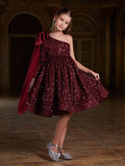 Tween Girl Sequin One Shoulder Party Dress with Bowknot - Fit and Flare, High Waist, Midi Length