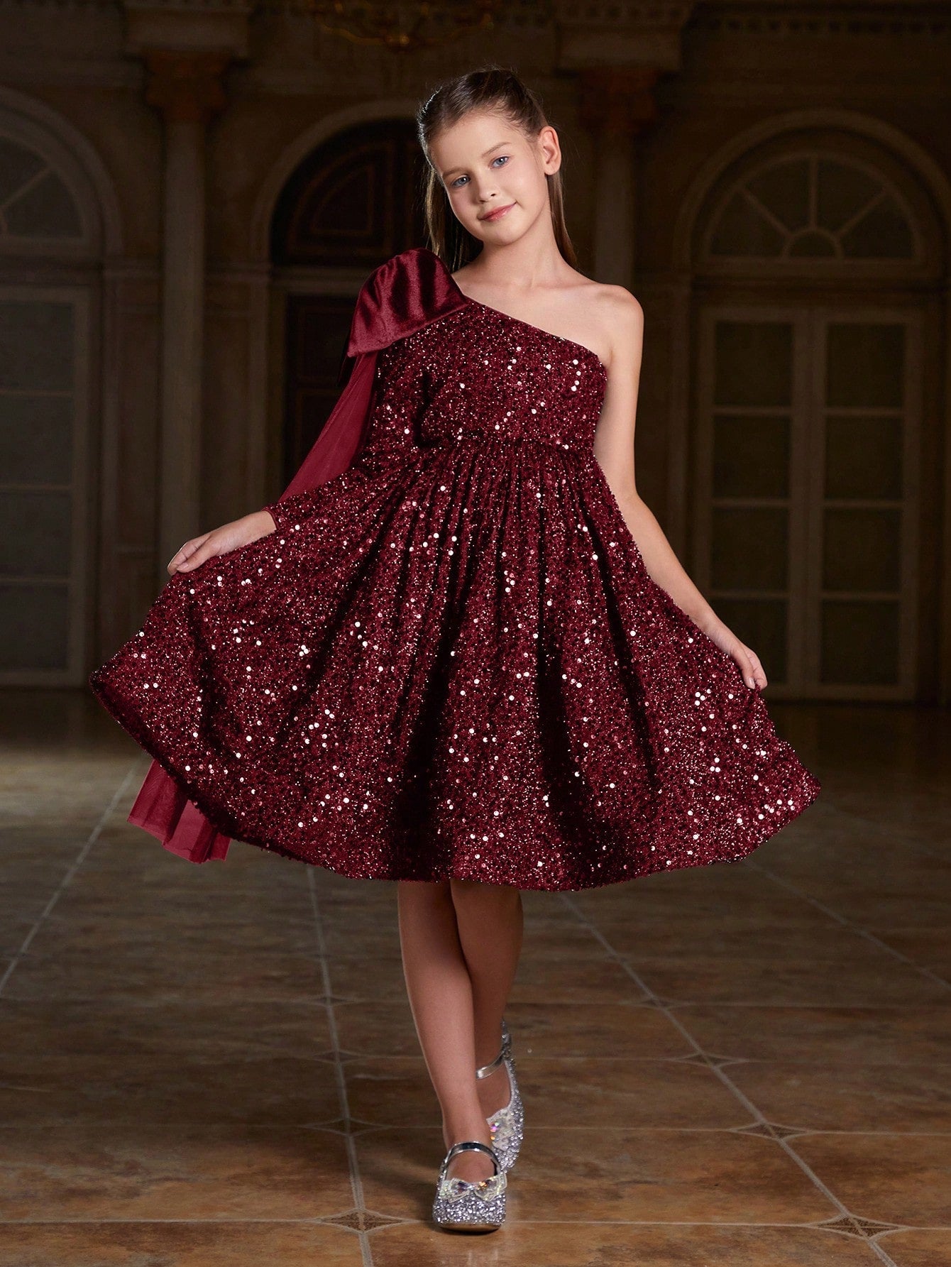 Tween Girl Sequin One Shoulder Party Dress with Bowknot - Fit and Flare, High Waist, Midi Length