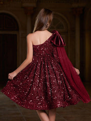 Tween Girl Sequin One Shoulder Party Dress with Bowknot - Fit and Flare, High Waist, Midi Length