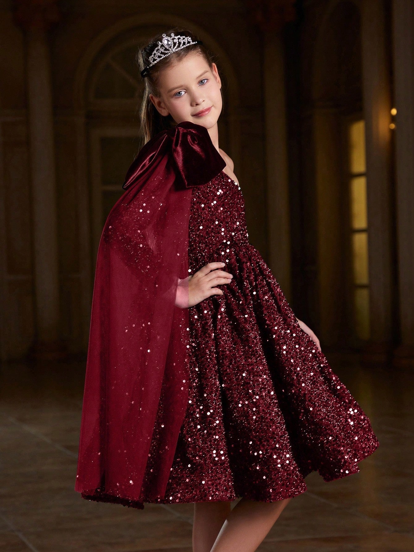 Tween Girl Sequin One Shoulder Party Dress with Bowknot - Fit and Flare, High Waist, Midi Length