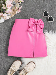 Tween Girls' Cute High Waist PU Leather Skirt - Bow Detail, Athletic Style