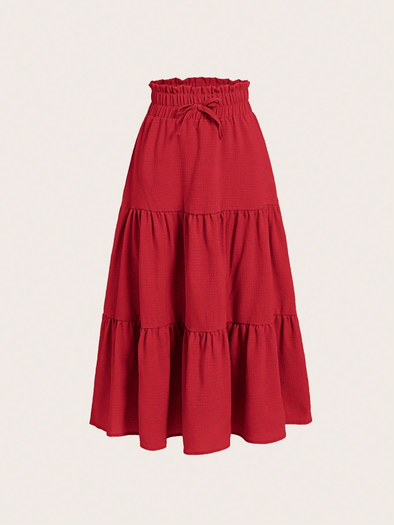 Casual Tween Girls Paperbag Waist Ruffle Hem Knot Front Long Skirt - Non-Stretch Woven Fabric