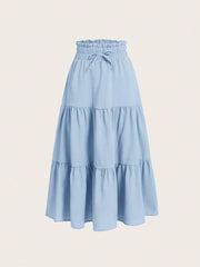 Casual Tween Girls Paperbag Waist Ruffle Hem Knot Front Long Skirt - Non-Stretch Woven Fabric