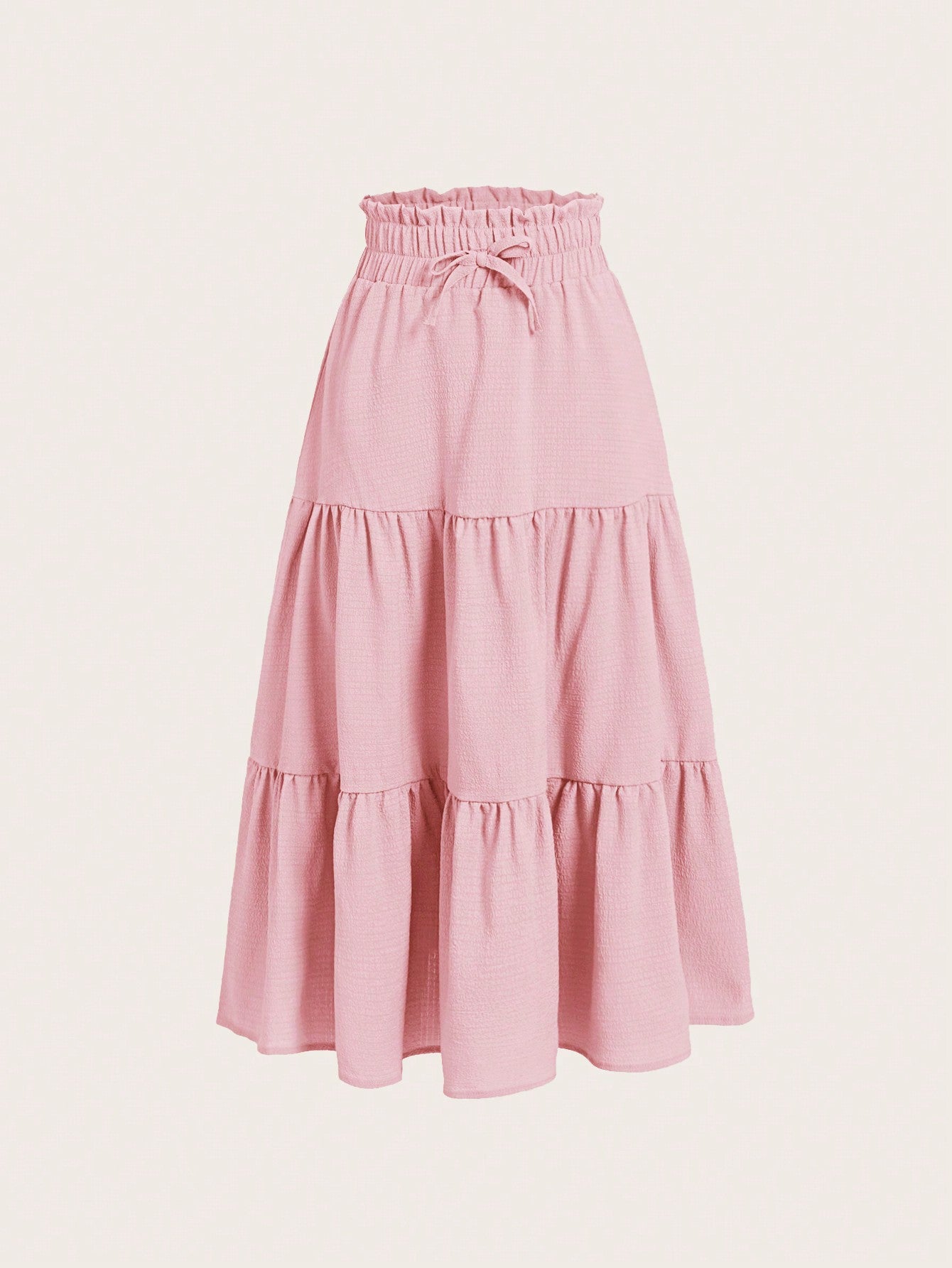 Casual Tween Girls Paperbag Waist Ruffle Hem Knot Front Long Skirt - Non-Stretch Woven Fabric