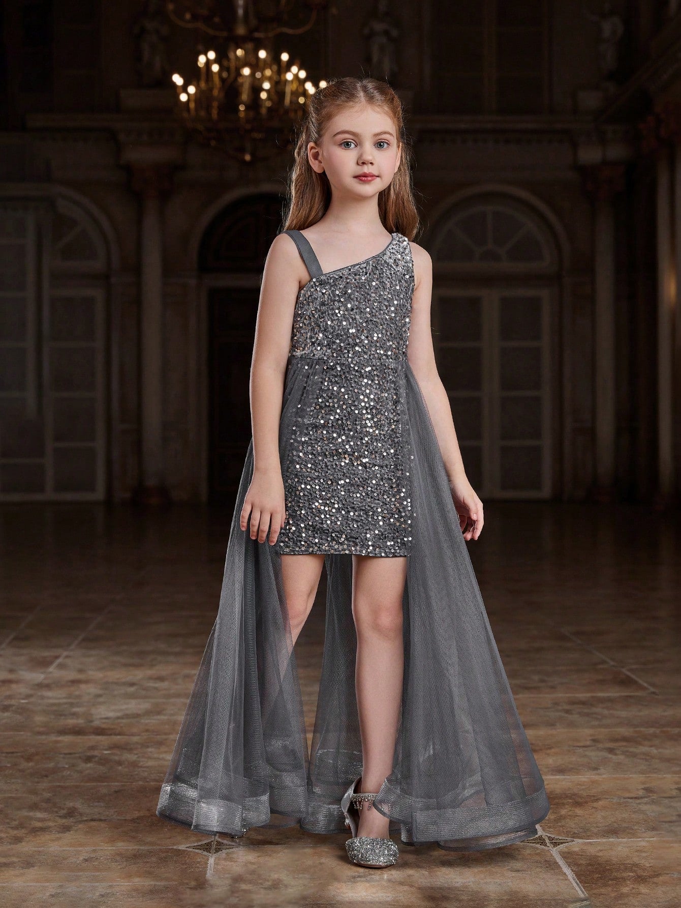 Tween Girl Party Dress - Asymmetric Collar, Sequin, Mesh, High Waist, Maxi Length