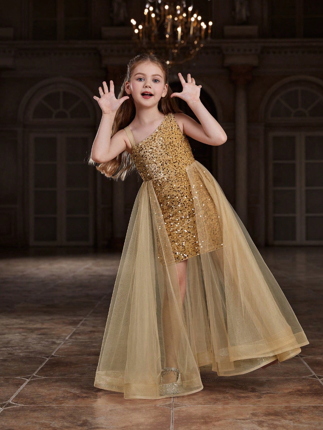 Tween Girl Party Dress - Asymmetric Collar, Sequin, Mesh, High Waist, Maxi Length