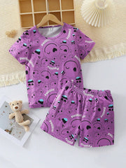 Cute Cartoon Patterned Tween Girls' Homewear Set - Short Sleeve, 2 Piece, Machine Washable