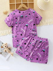 Cute Cartoon Patterned Tween Girls' Homewear Set - Short Sleeve, 2 Piece, Machine Washable