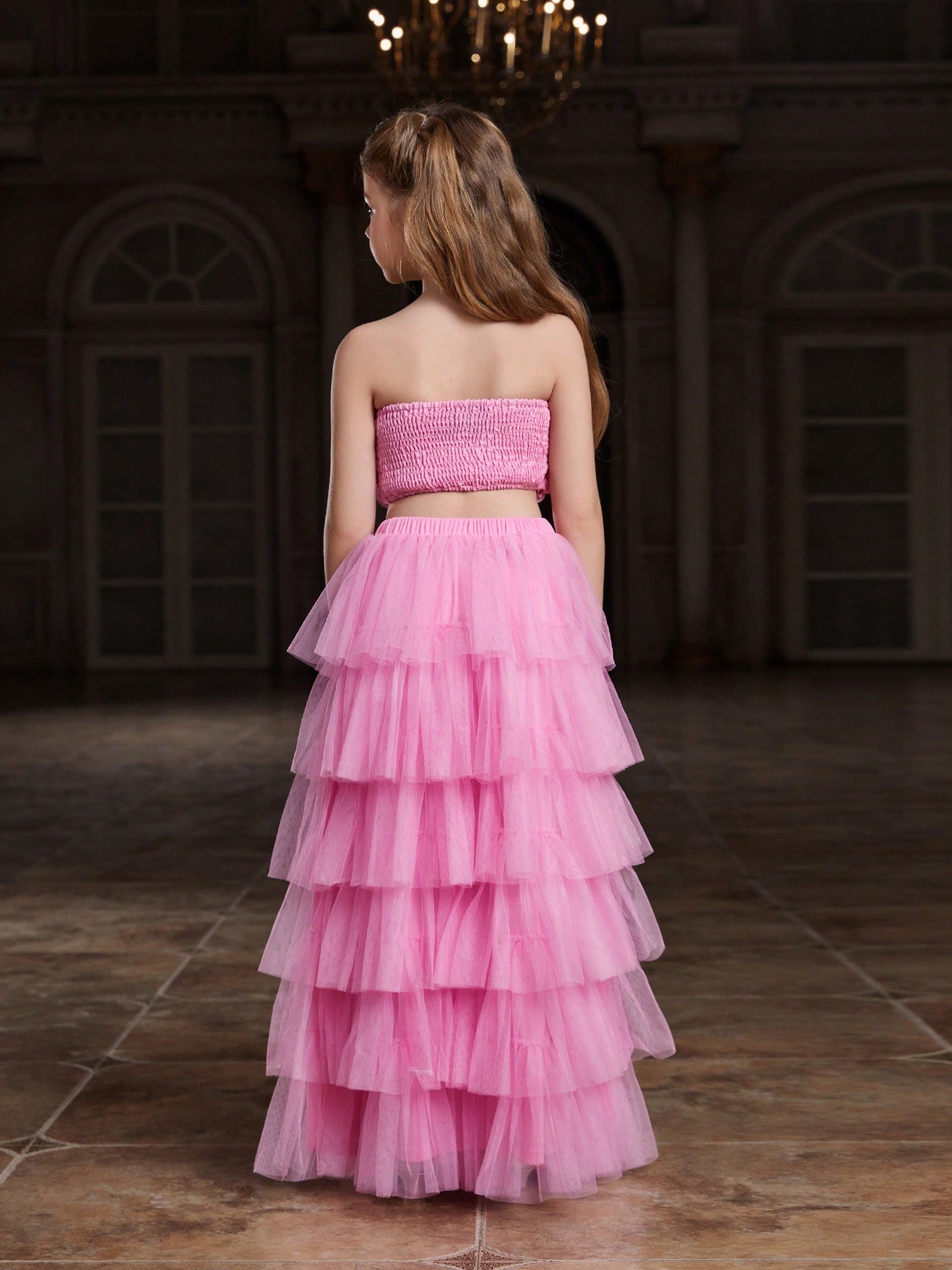 Tween Girl Sequined Strapless Top & Layered Tulle Skirt Party Set - A Line, Zipper, All Over Print