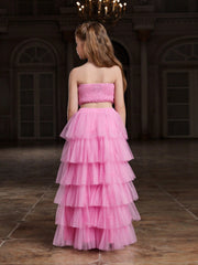 Tween Girl Sequined Strapless Top & Layered Tulle Skirt Party Set - A Line, Zipper, All Over Print