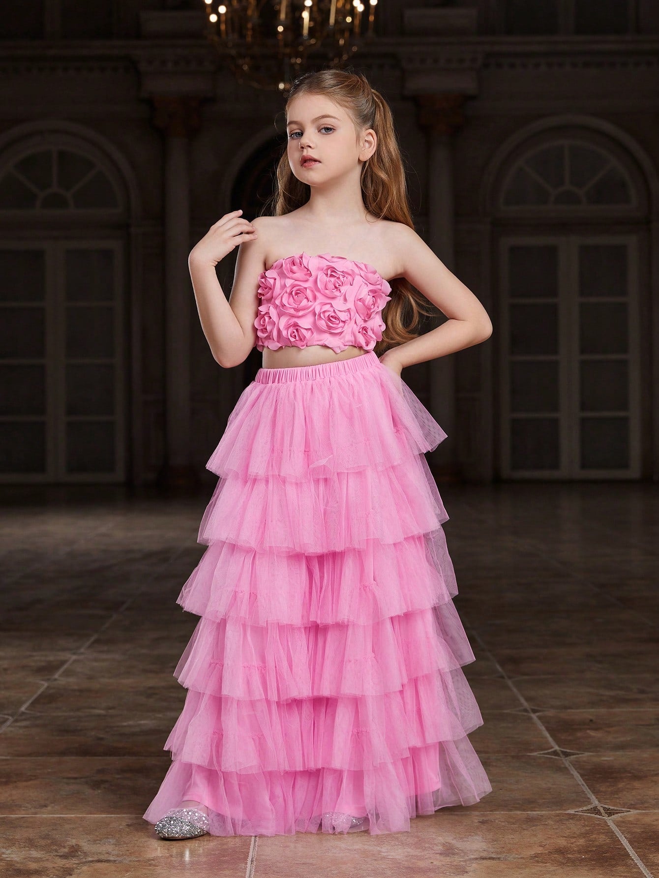 Tween Girl Sequined Strapless Top & Layered Tulle Skirt Party Set - A Line, Zipper, All Over Print