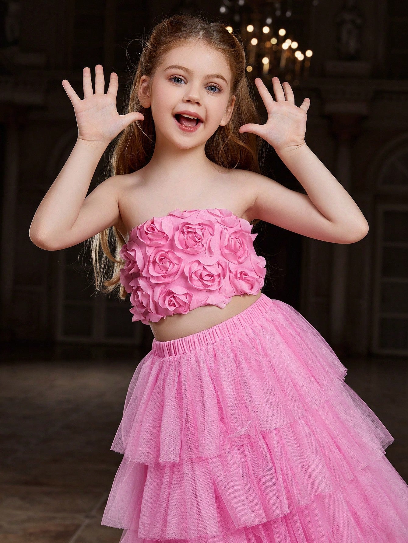 Tween Girl Sequined Strapless Top & Layered Tulle Skirt Party Set - A Line, Zipper, All Over Print