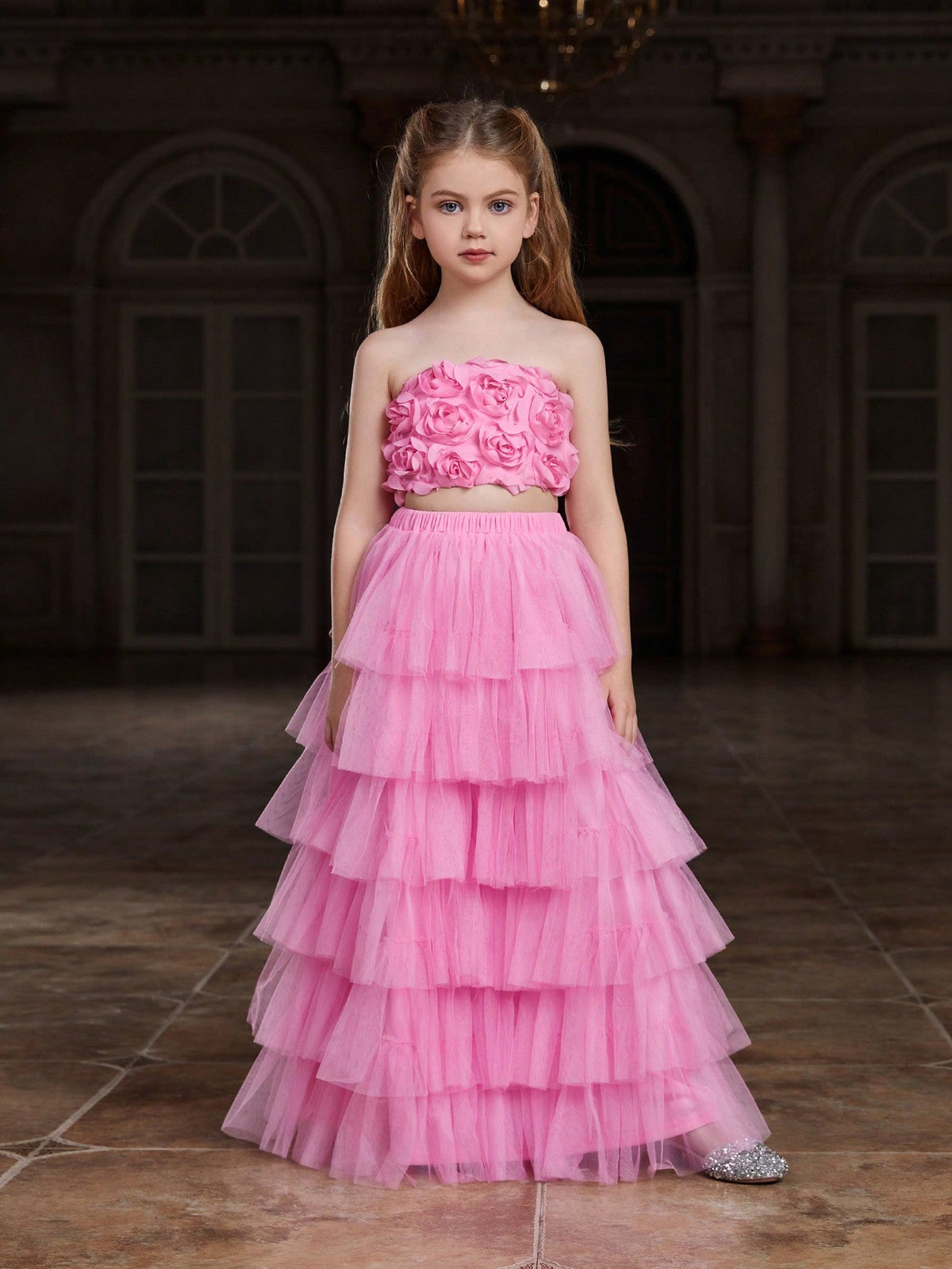 Tween Girl Sequined Strapless Top & Layered Tulle Skirt Party Set - A Line, Zipper, All Over Print