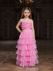 Tween Girl Sequined Strapless Top & Layered Tulle Skirt Party Set - A Line, Zipper, All Over Print