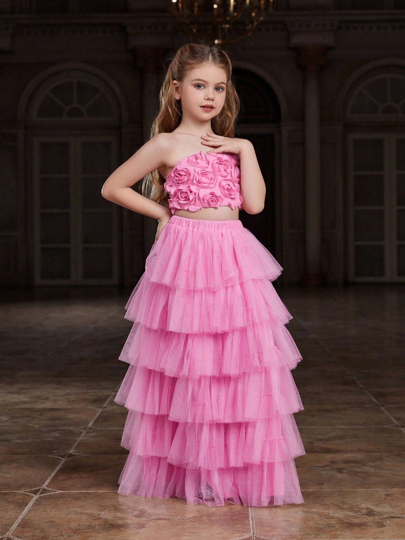 Tween Girl Sequined Strapless Top & Layered Tulle Skirt Party Set - A Line, Zipper, All Over Print