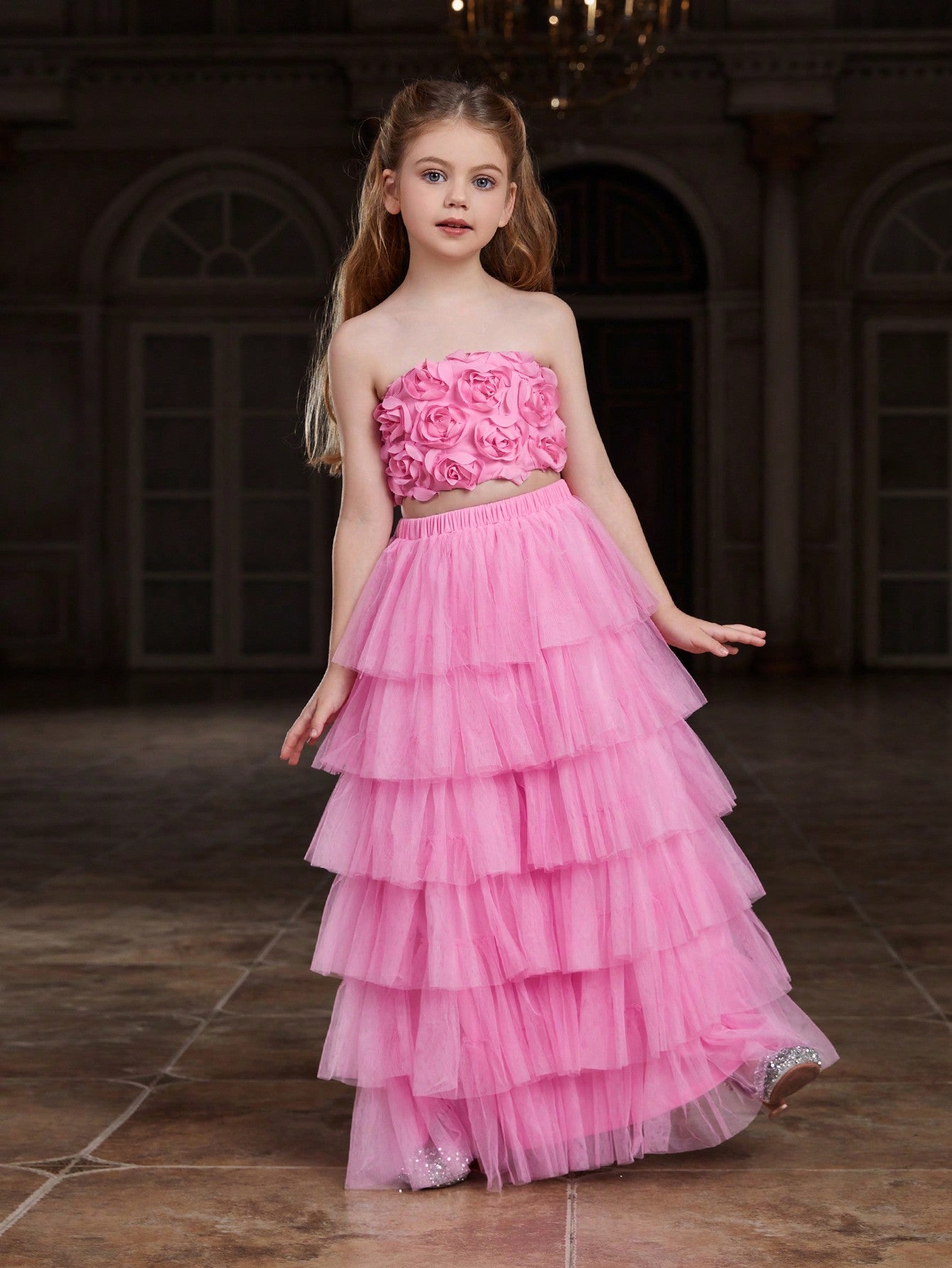 Tween Girl Sequined Strapless Top & Layered Tulle Skirt Party Set - A Line, Zipper, All Over Print