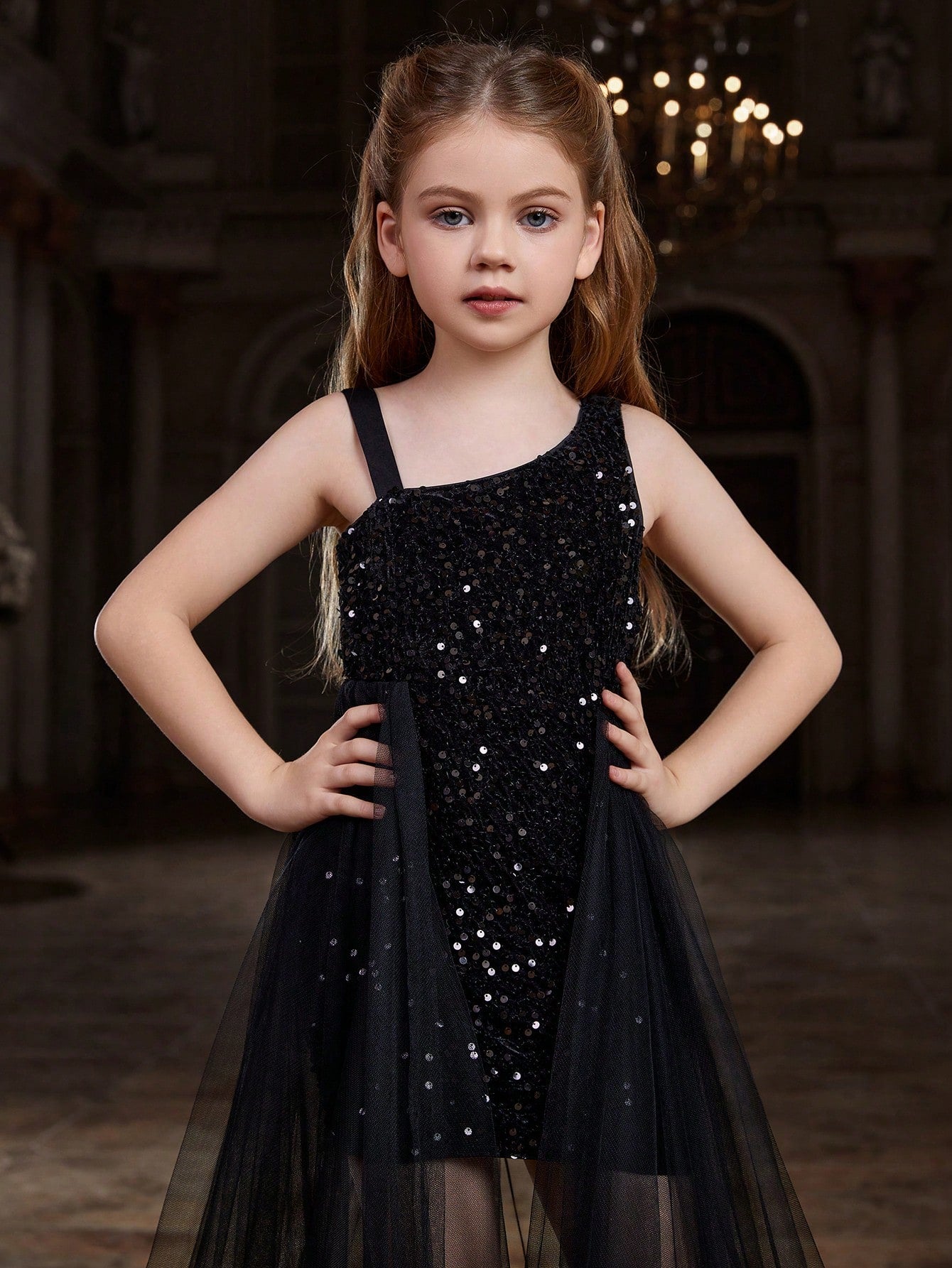 Tween Girl Party Dress - Asymmetric Collar, Sequin, Mesh, High Waist, Maxi Length