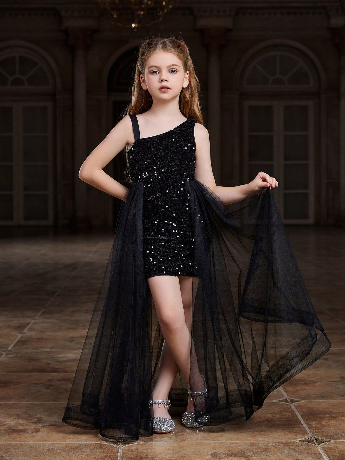 Tween Girl Party Dress - Asymmetric Collar, Sequin, Mesh, High Waist, Maxi Length