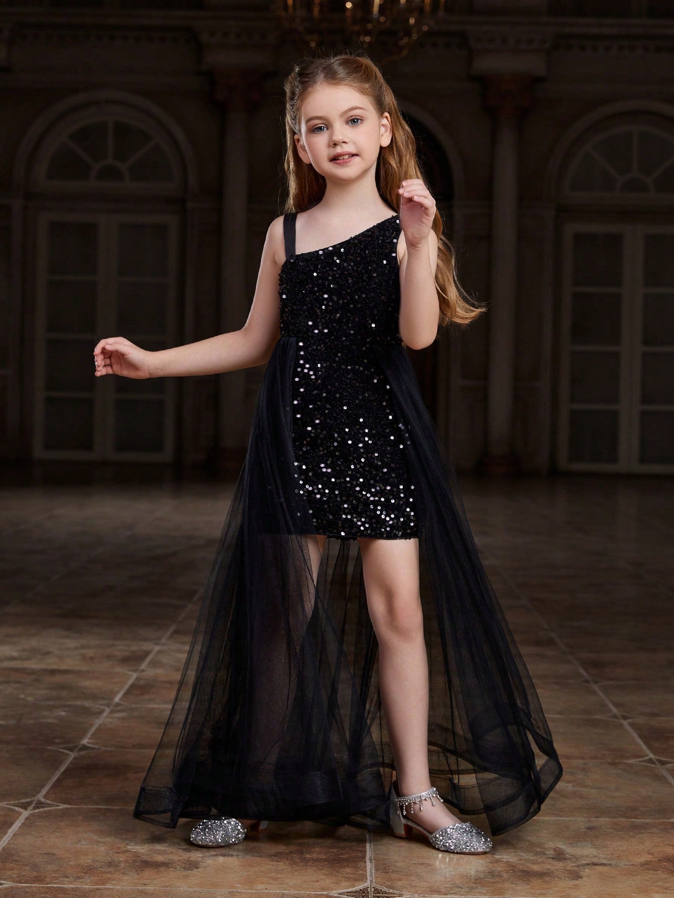 Tween Girl Party Dress - Asymmetric Collar, Sequin, Mesh, High Waist, Maxi Length