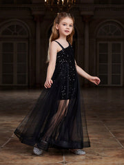 Tween Girl Party Dress - Asymmetric Collar, Sequin, Mesh, High Waist, Maxi Length