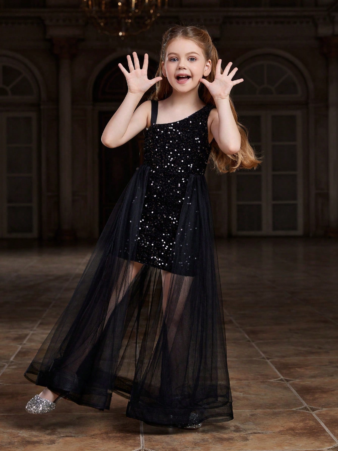 Tween Girl Party Dress - Asymmetric Collar, Sequin, Mesh, High Waist, Maxi Length