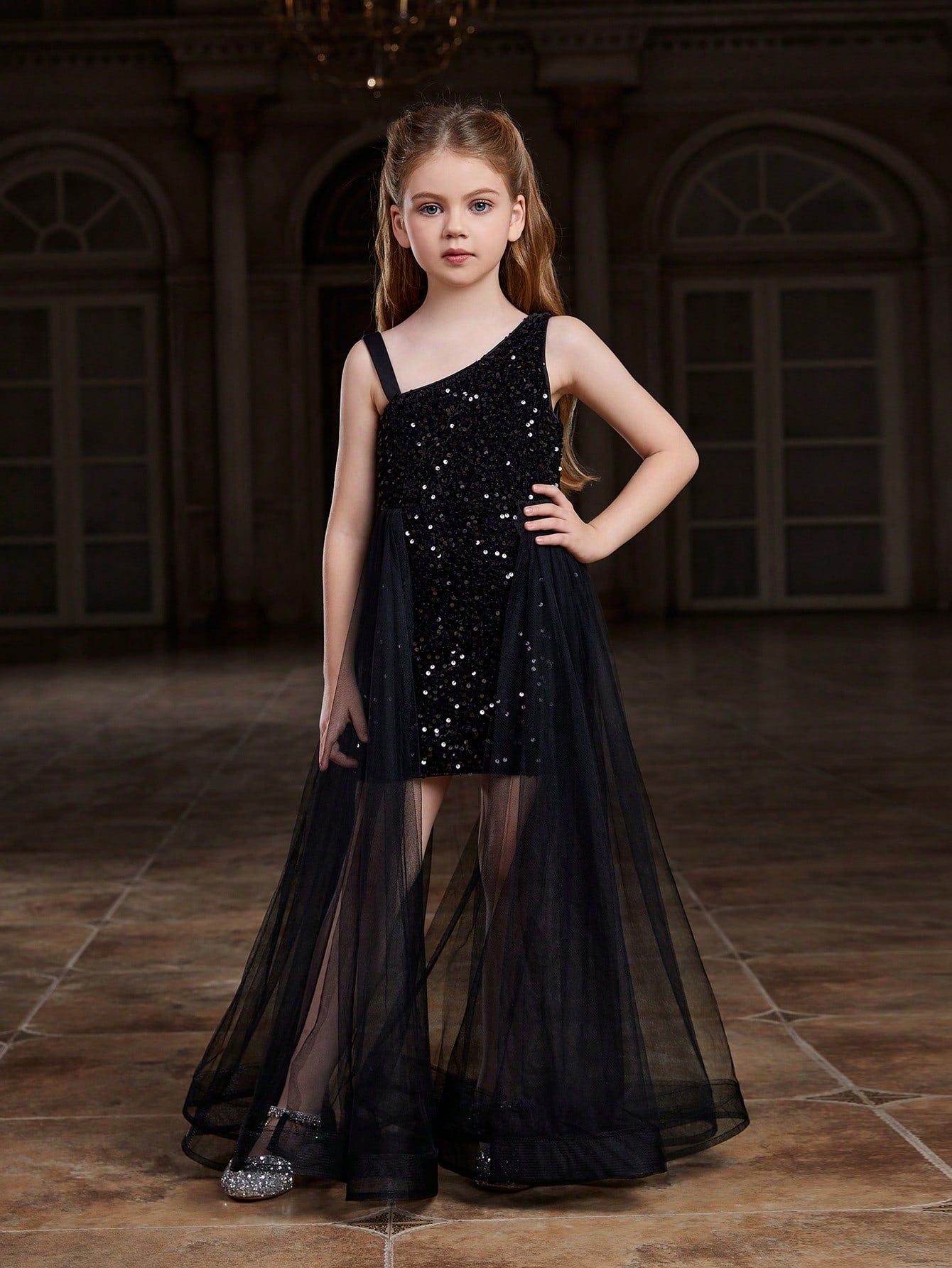 Tween Girl Party Dress - Asymmetric Collar, Sequin, Mesh, High Waist, Maxi Length