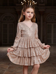 Tween Girl Sequin Party Dress - V Neck, Long Bishop Sleeves, Tiered Hem, Midi Length